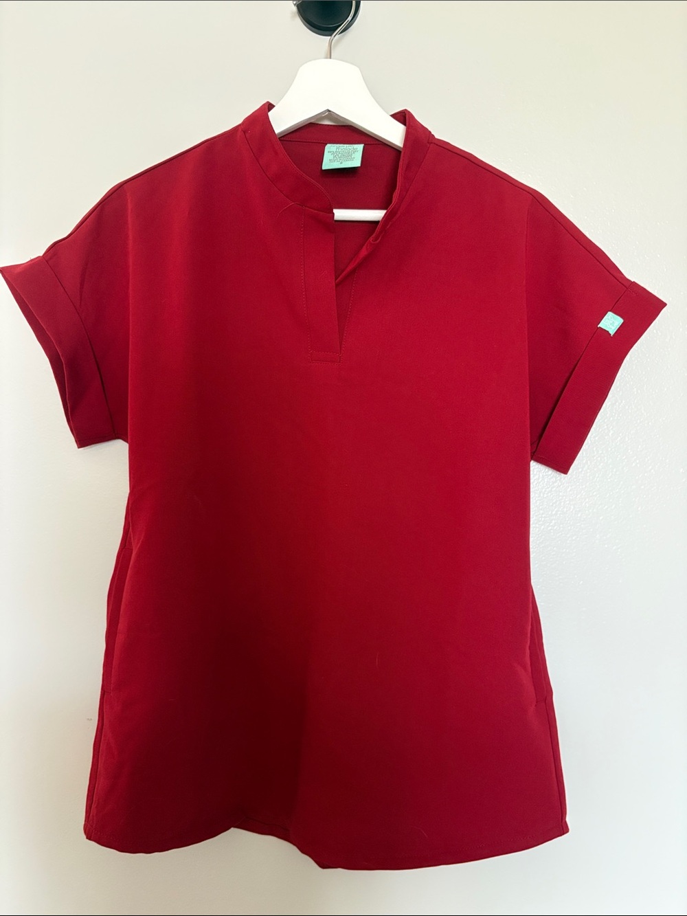 Women's scrub set Red Split-Neck Tunic Top with straight leg scrub pants